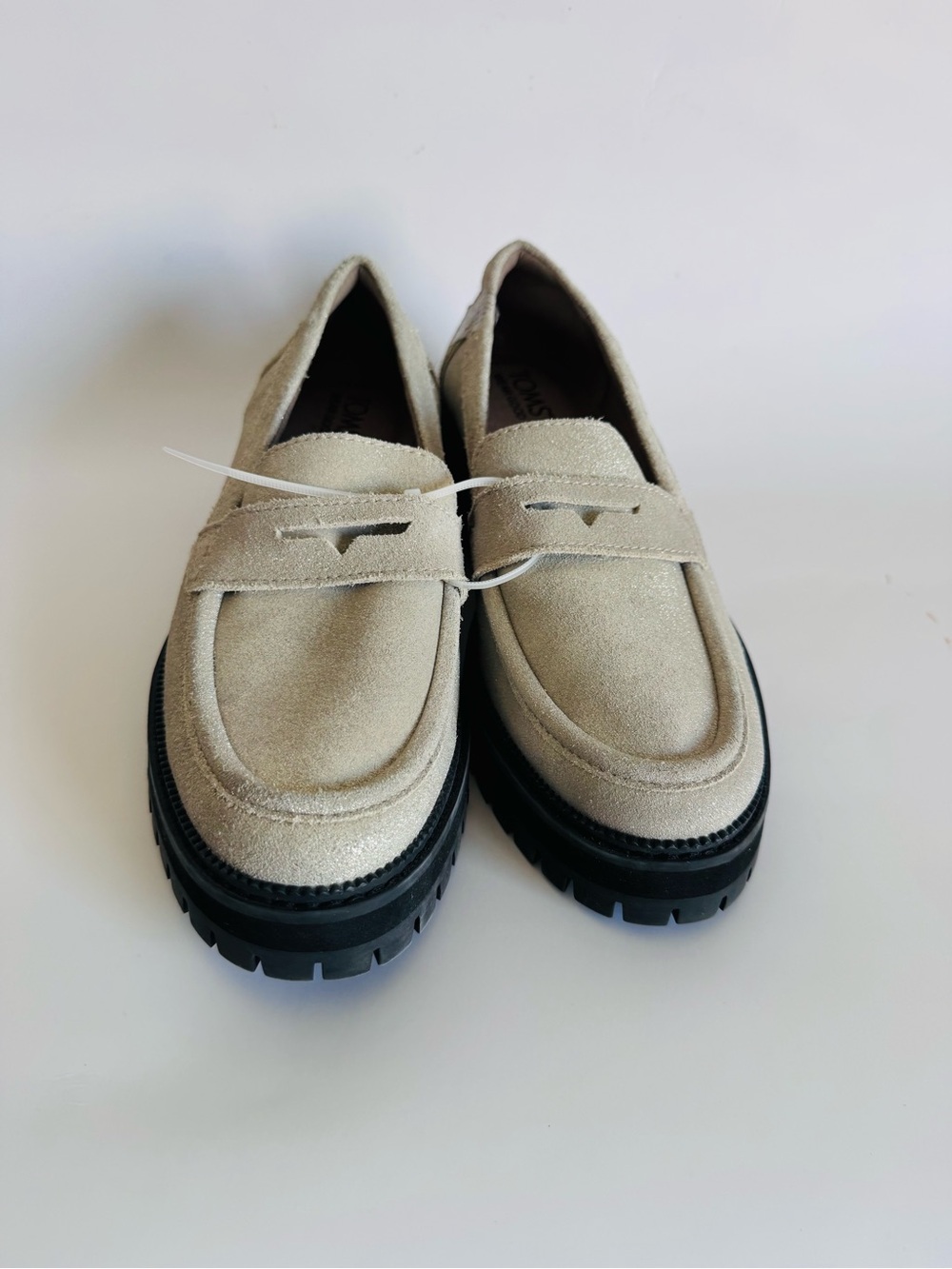 Toms Beige Suede Penny Loafers with Black Lug Sole